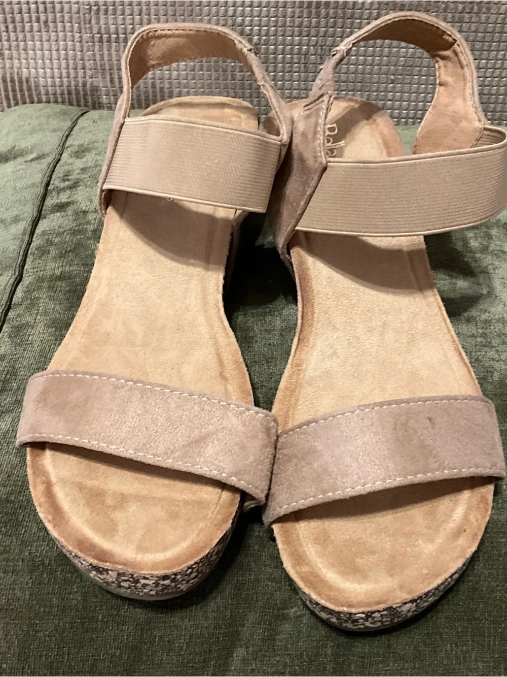 Neutral Taupe Suede Cork Wedge Sandals with Elastic Back
